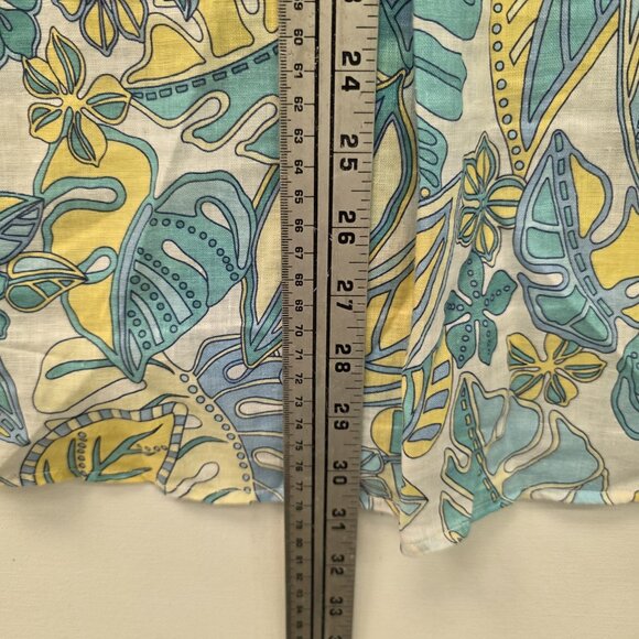 J McLaughlin Size Large Linen Shirt Aqua Yellow Tropical Print Button Down - Picture 6 of 8